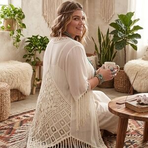 Torrid White Eyelette Fringe Open Front Longline Kimono
